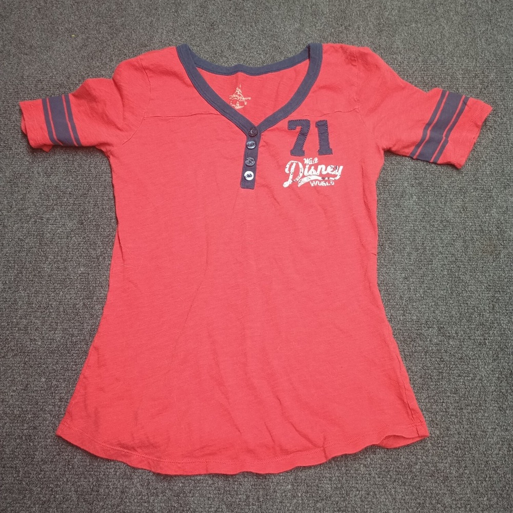 Walt Disney World 71 V neck Shirt Women XS Red Henley Style‎ Big Back Logo